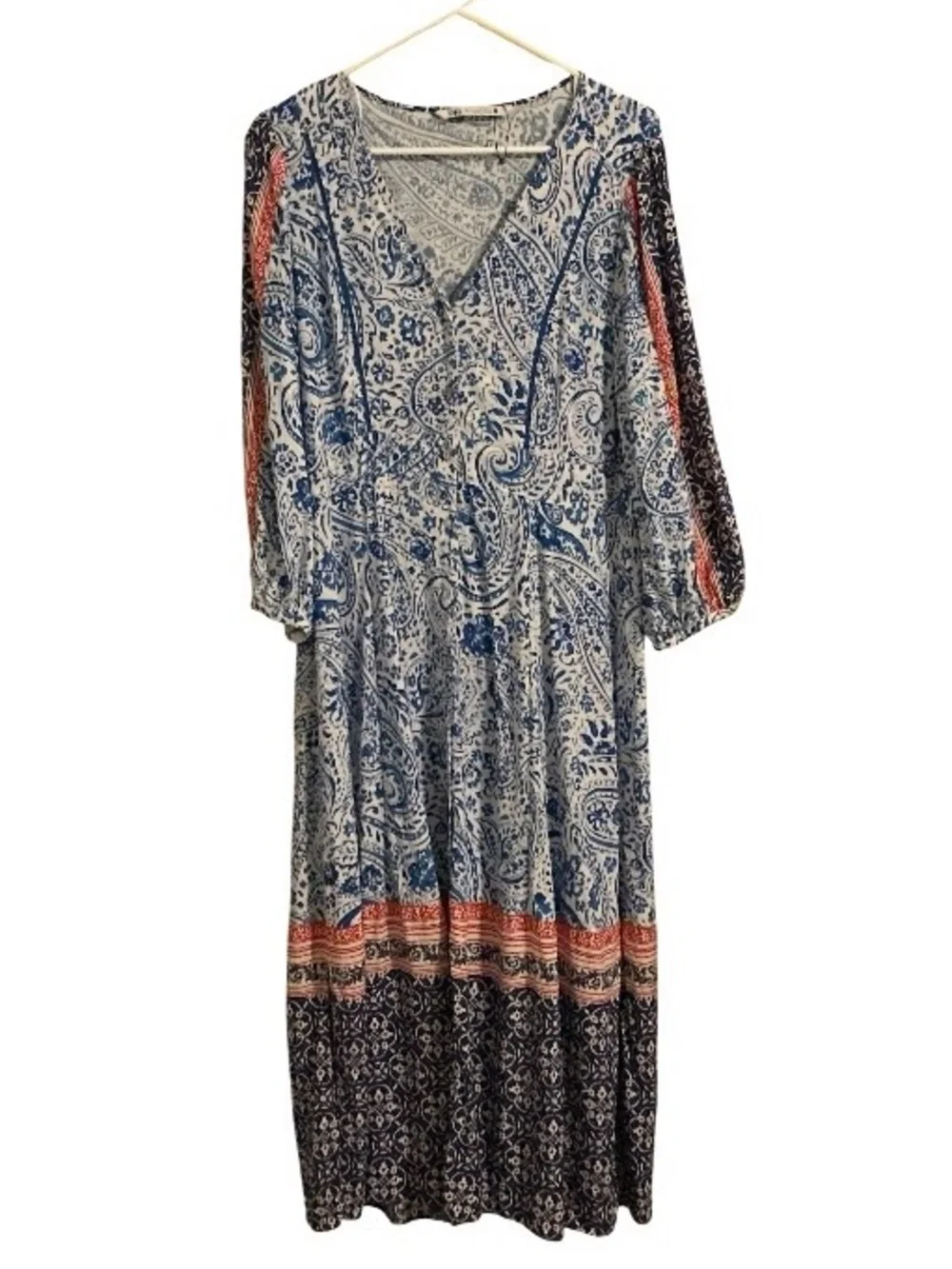 Zara XL Paisley Midi Dress Linen Blend Blue White Red Boho Prairie Resortwear - Picture 2 of 6